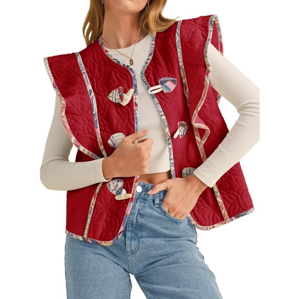Womens Quilted Puffer Vest Polyester Padded Floral Patchwork Sleeveless